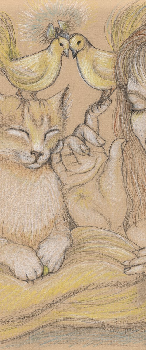 Cat - Feline Fantasy - Doves and Tiny Angel by Phyllis Mahon