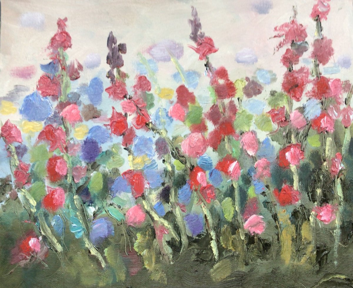 Impressionistic Botanical Oil Painting By Julian Lovegrove Art, 12 X 10", Summer Hollyhocks., Original Artwork