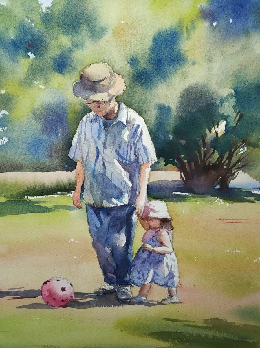 Impressionistic Portrait Watercolour By Jing Chen, 11 X 15, Man And Little Girl, Original Artwork