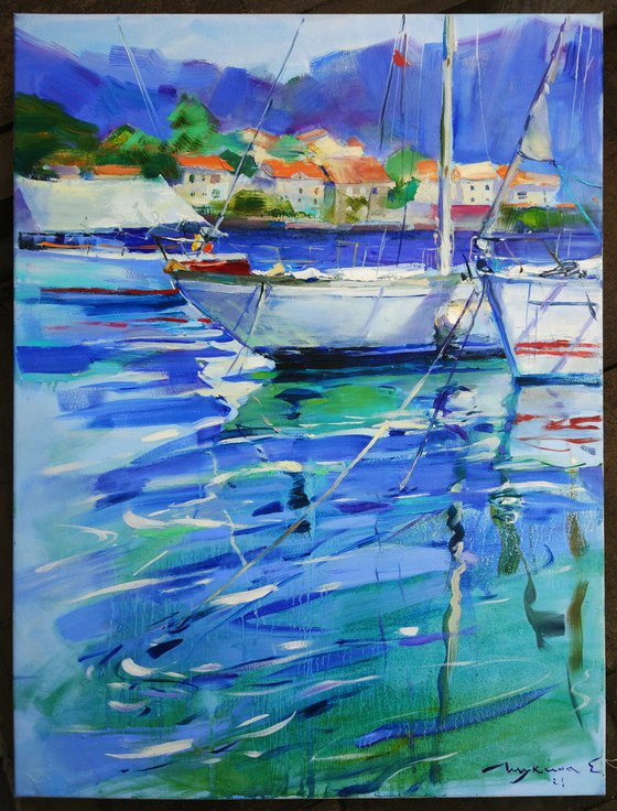 Yachts in Montenegro . Original plein air oil painting .