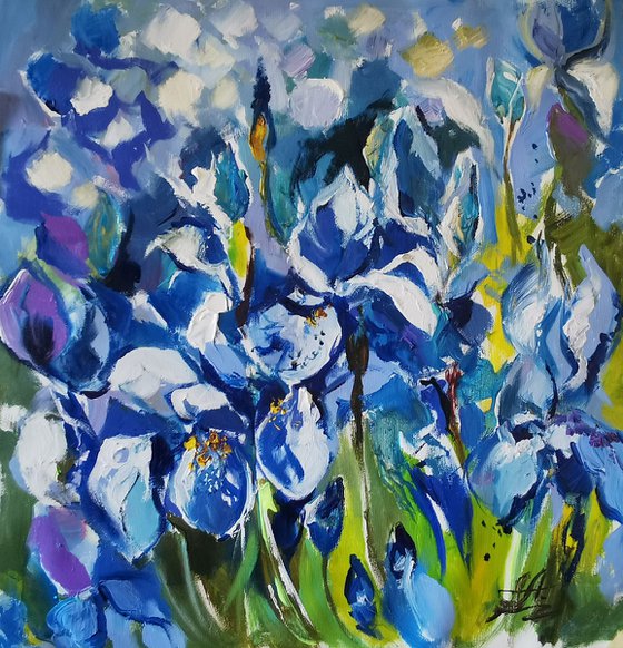 Irises flowers painting, Blue wall art
