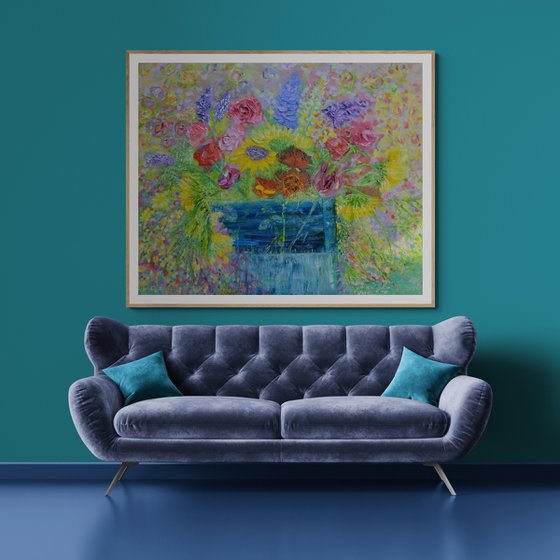 Sunflowers,Stocks and Roses Oil Painting