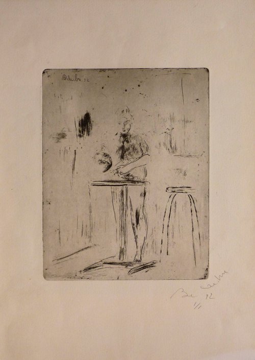 Cooking in the kitchen, engraving from copper plate 31x43 cm by Frederic Belaubre