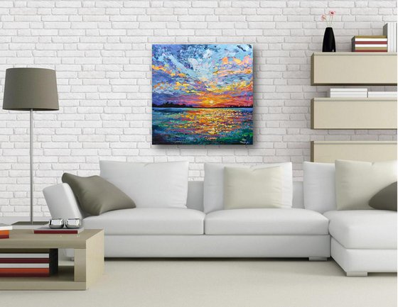 Magical Sunset - Original Sunset Painting on Canvas, Heavy impasto seascape artwork