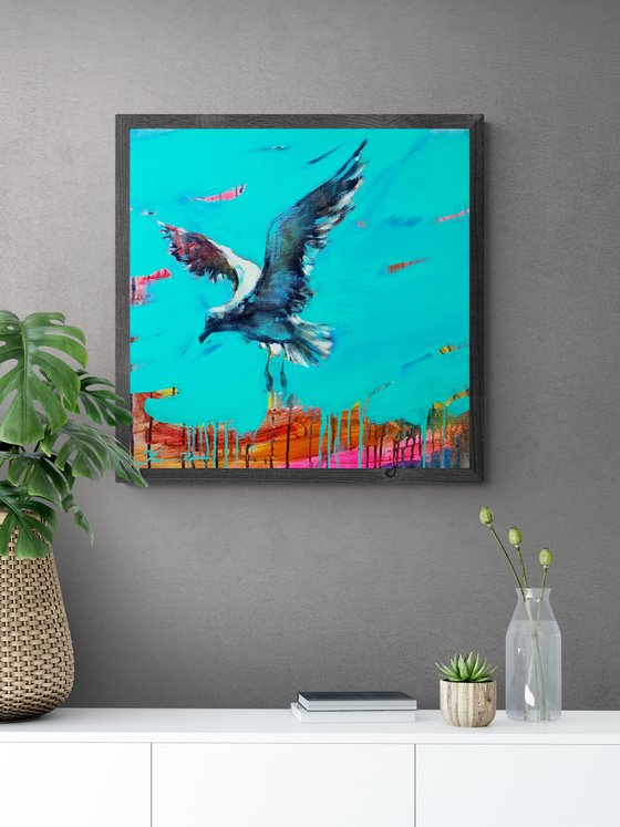 Bright painting - "Near the sea" - Pop Art - Bird - Sea - Ocean - Seagull - Sunset