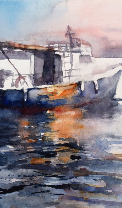 FIshing ship in sunset by Goran Žigolić Watercolors