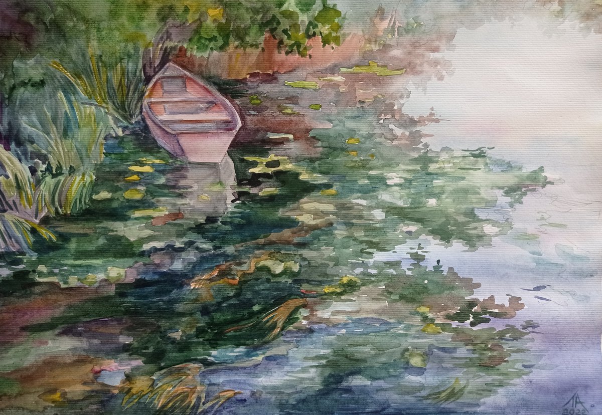 Graphic Watercolour , Boat On The Pond By Liubov Ponomarova, 16 X 12, Artwork For Sale On Artfinder