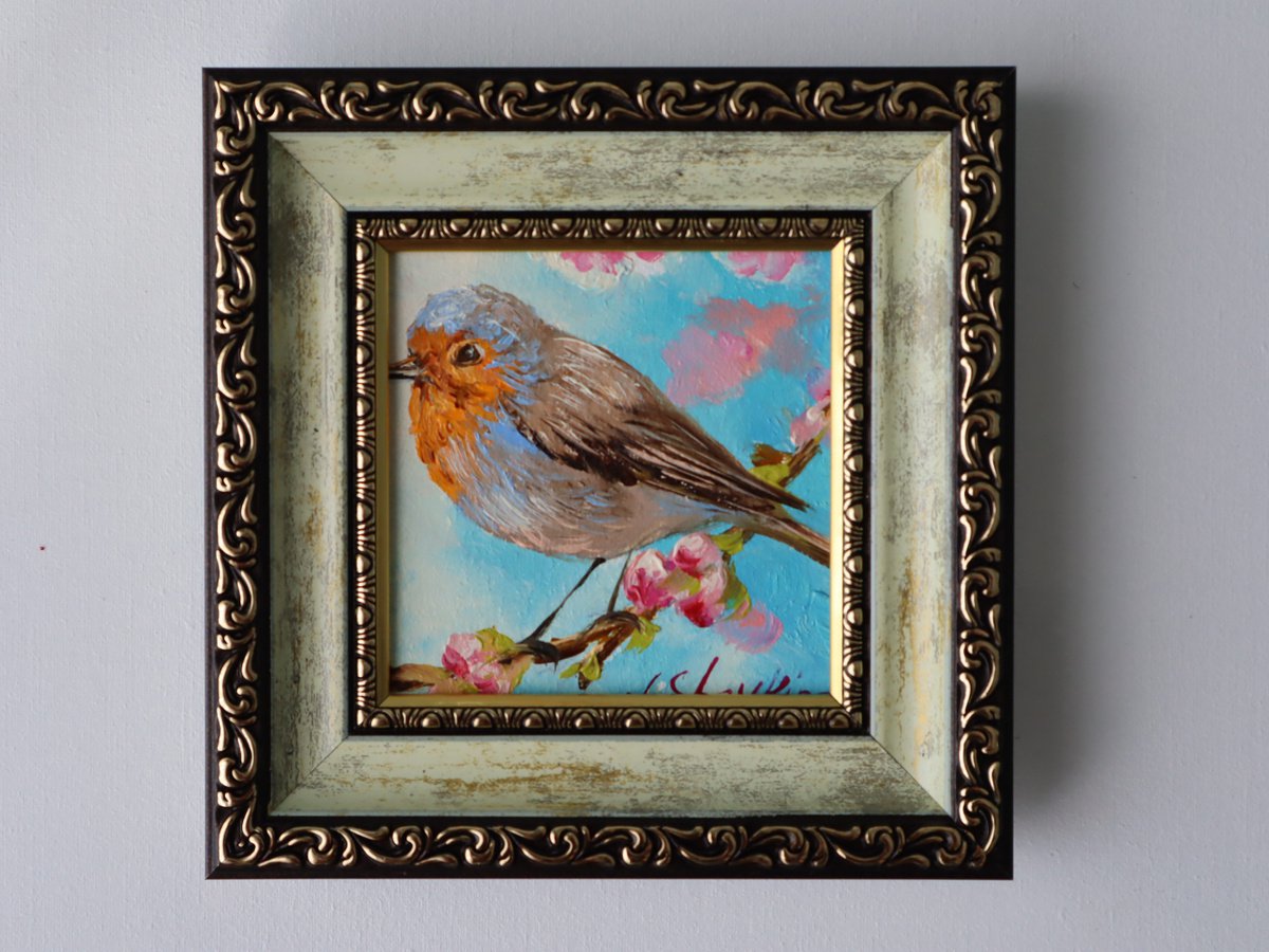 Bird painting original, Robin bird art painting, Miniature painting 4x4 in, 10x10 cm, Xmas... by Natalia Shaykina