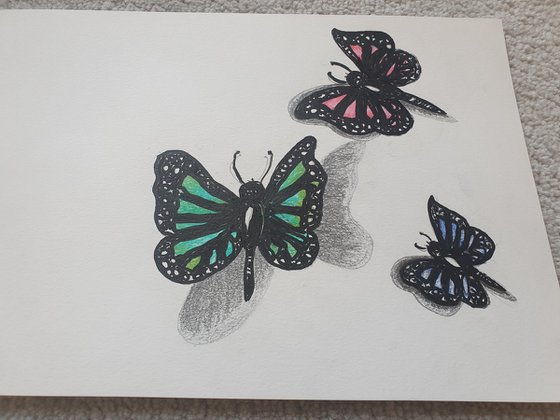 Three Butterflies Acrylic and Pen on A4 Paper Beautiful Painting Gift Ideas