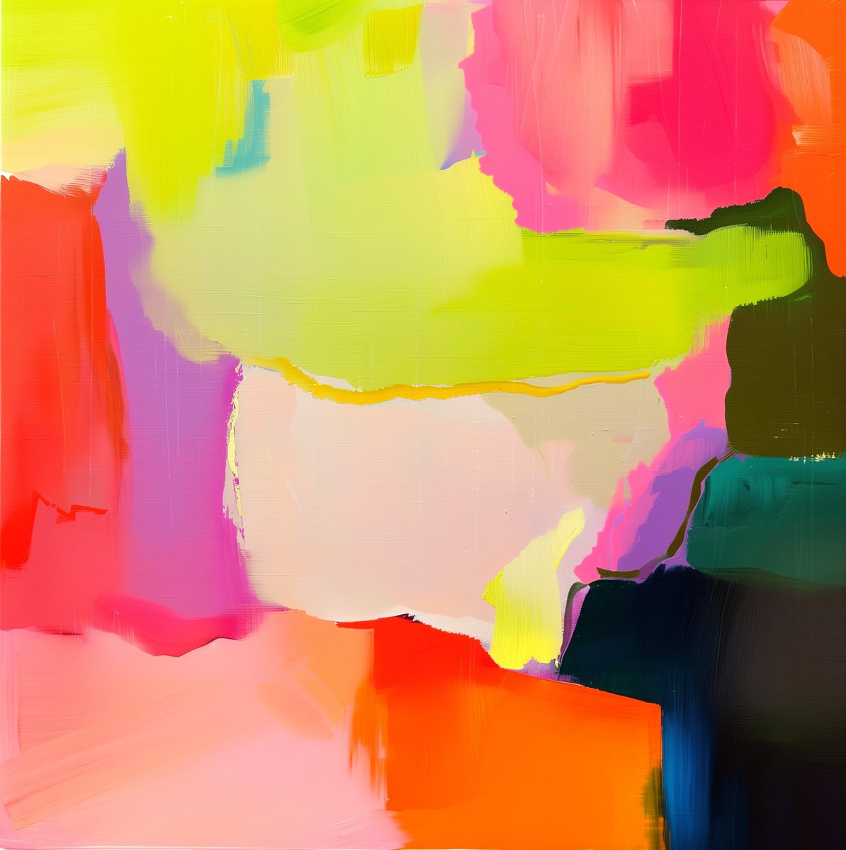 Abstract Acrylic Painting By V+V Kniazievi, 39 X 39", Kiss Of Lime And Pink #1, Original Artwork