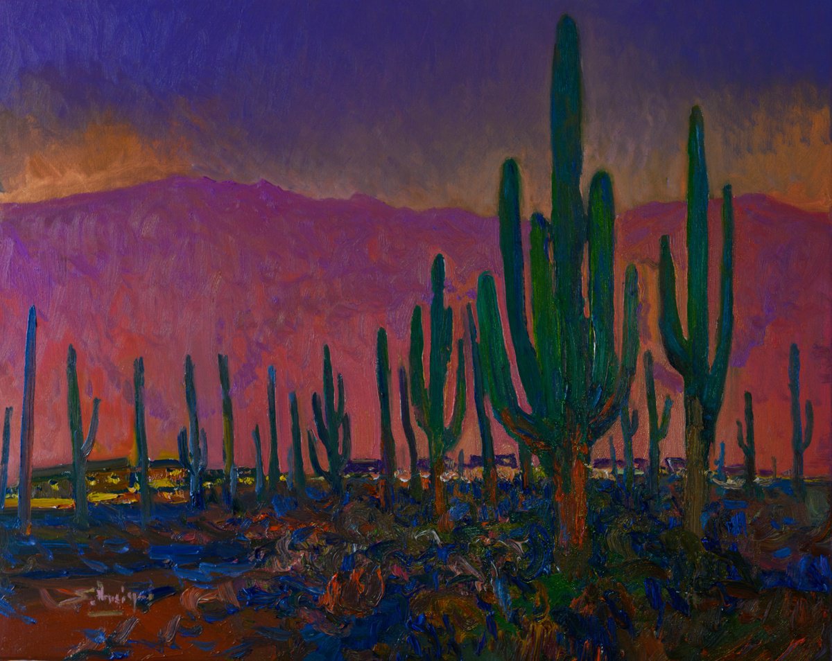 Expressive Landscape Oil Painting By Suren Nersisyan, 30 X 24", Saguaros, Dusk, Original Artwork