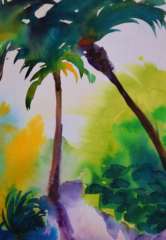 Abstract tropical trees original watercolor painting Spanish green forest