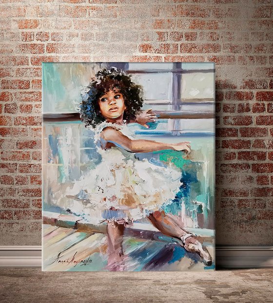 African american painting. Ballerina in white dress