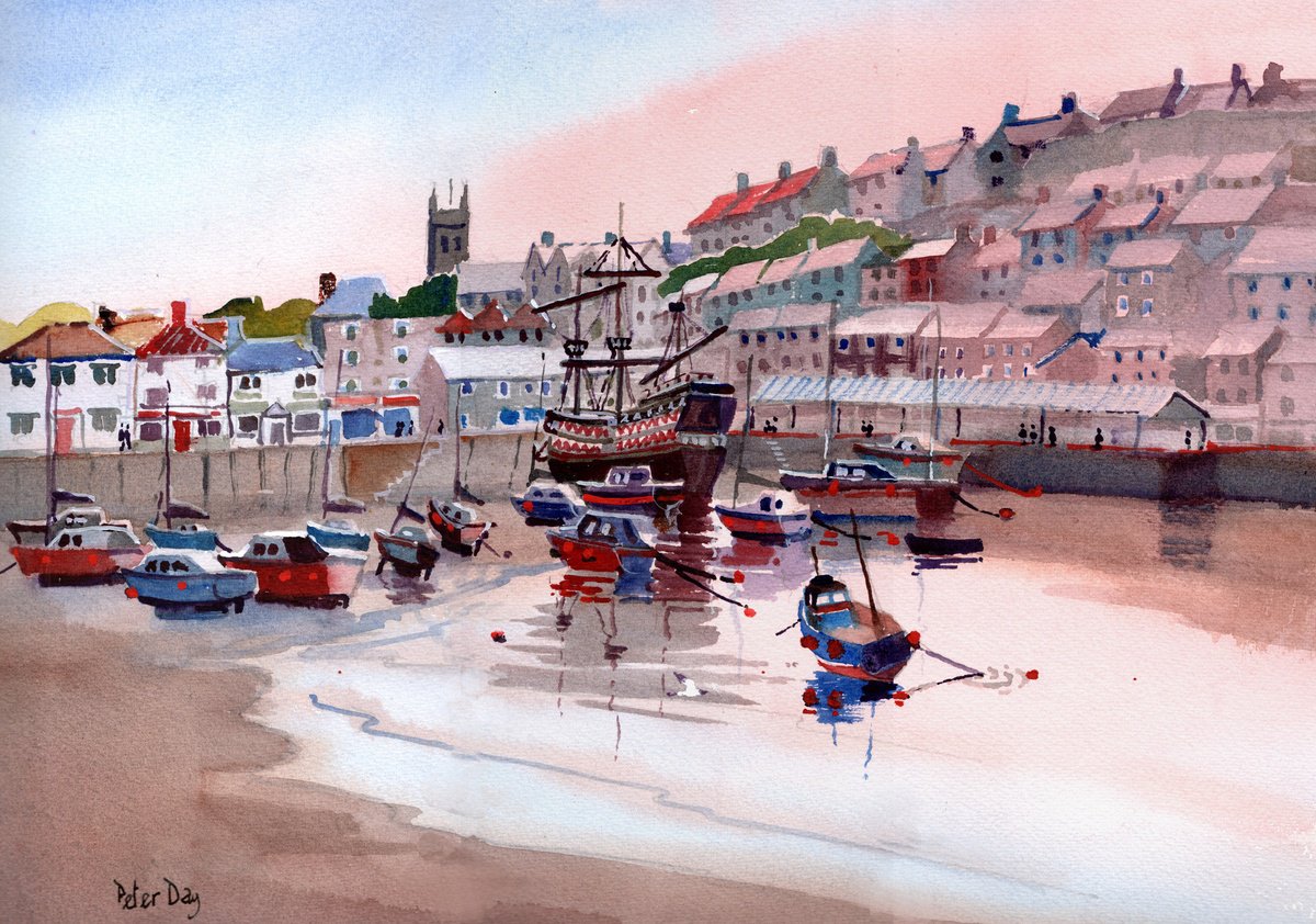 Photorealistic Landscape Watercolour By Peter Day, 17 X 13", Brixham, The Golden Hind., Original Artwork