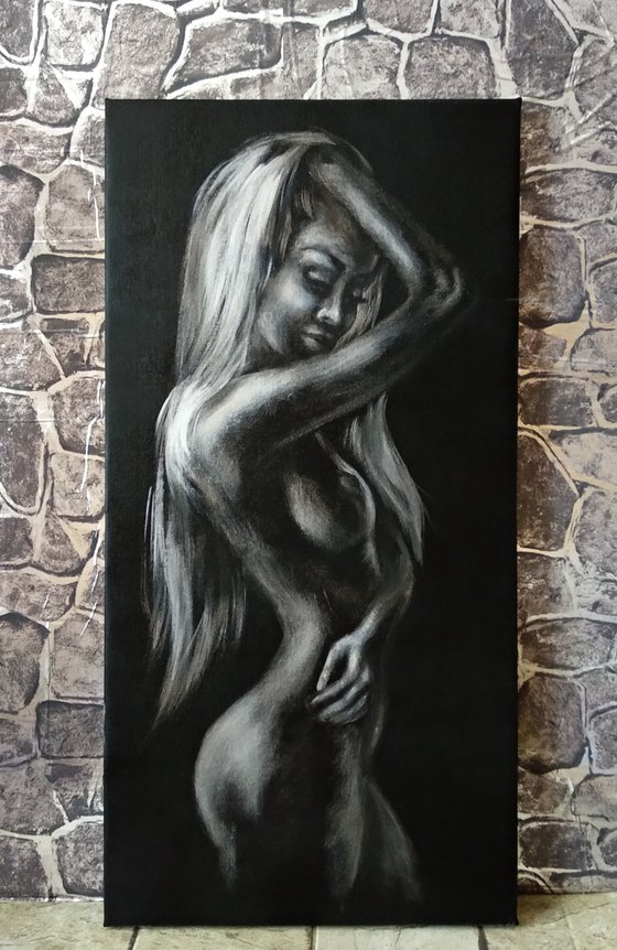 Erotic Art Naked Woman Black and Silver Decor