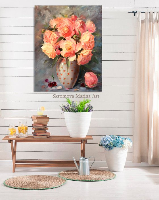 PEACH BLOSSOMS OF PEONIES - Modern still life. Beautiful peonies. Peach flowers. Abstract bouquet. Tenderness. Attention. Kindness.