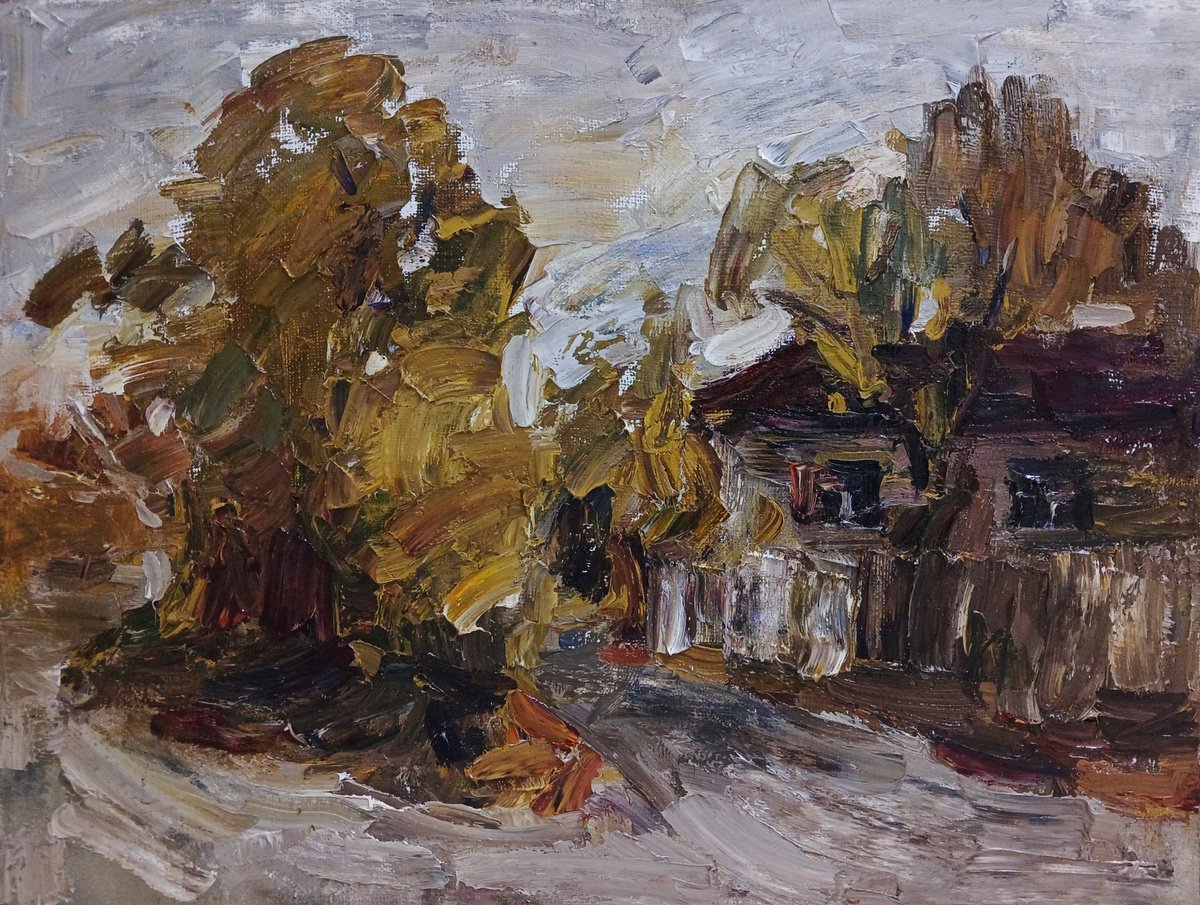 Expressive Landscape Oil Painting By Stanislava Cherkasova, 35 X 28", House By The Road, Original Artwork