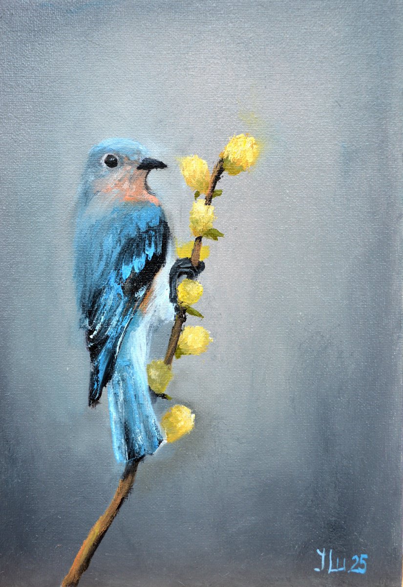Expressive Animal Oil Painting By Elena Lukina, 8 X 12, Bird On The Willow, Original Artwork