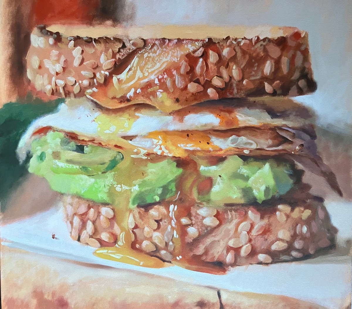 Photorealistic Still Life Oil Painting By John Welsh, 40 X 35, Egg And Avocado 1, Original Artwork