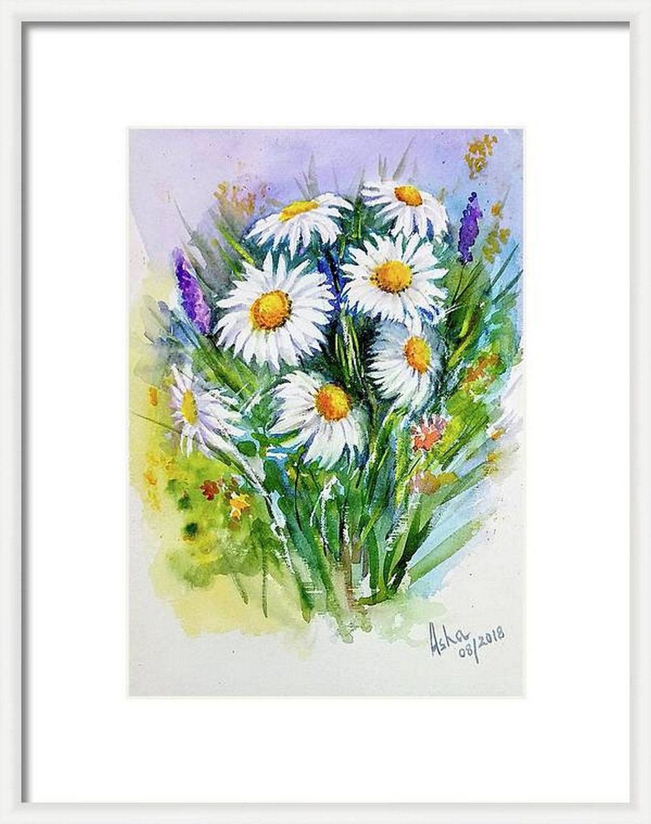 Daisies Floral Watercolor Gift Painting -10.25x 14 by Asha Shenoy