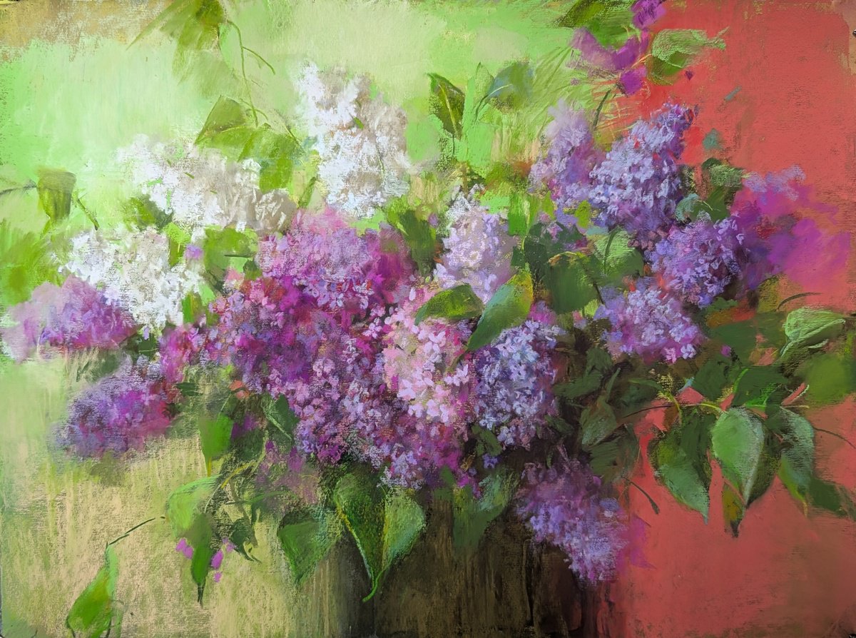 Impressionistic Botanical Pastel Drawing By Silja Salmistu, 24 X 18", Lilacs 2`25, Original Artwork