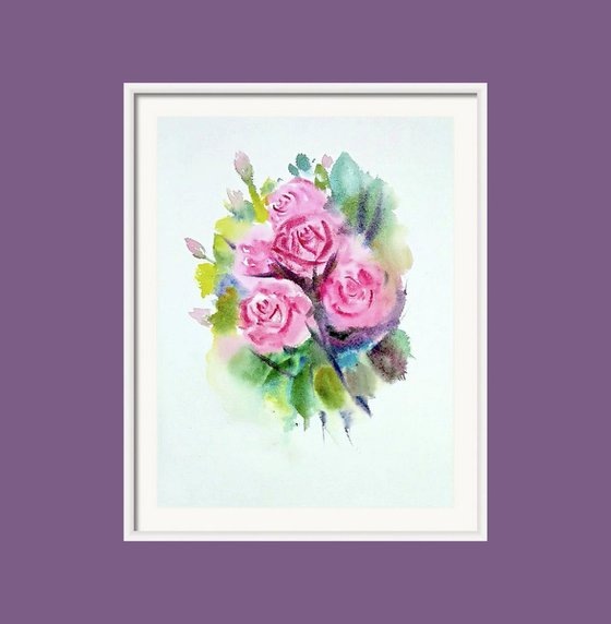 Five pink watercolor Roses