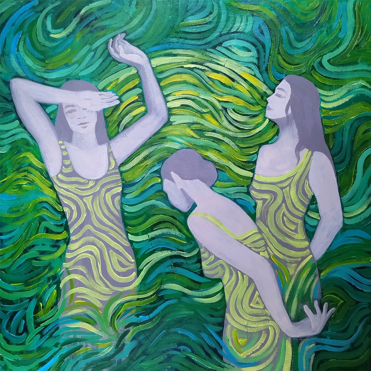 MOVEMENT - DANCING FEMALE FIGURES ON A GREEN BACKGROUND by Ekaterina Prisich