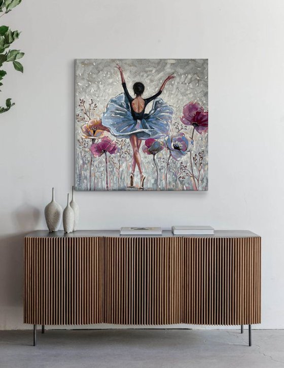"Dance of the soul". Ballerina oil painting. Flowers.