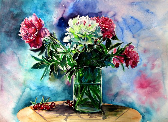 Still life with peony and cherry