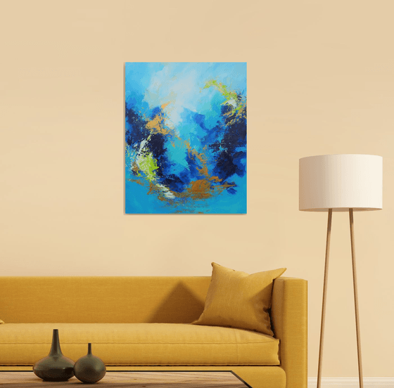 Large Blue and Gold Contemporary Abstract Seascape Painting # 810-61. Textured Landscape