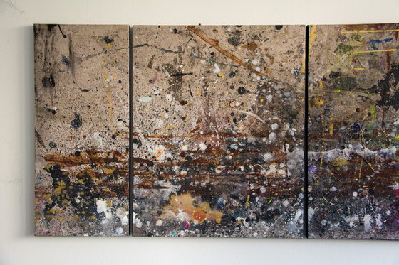 "Artist floor" (149x52x2,5 cm) Triptych - Collectors item (abstract, gouache, original, painting, coffee, acrylic, oil, watercolor, encaustics, beeswax, resin, wood, fingerpaint)