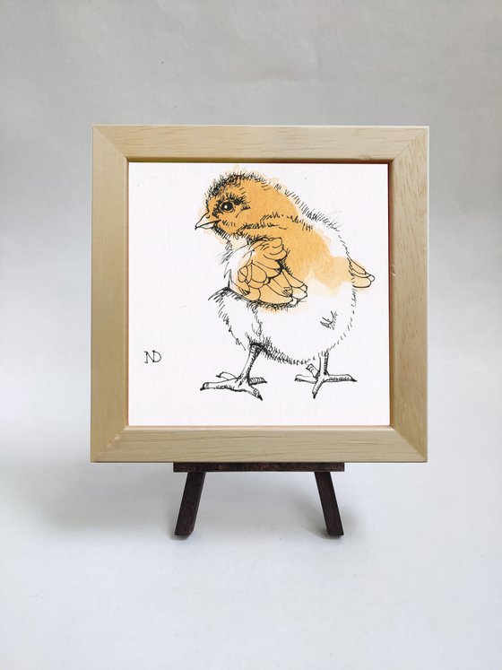 Baby chicken watercolor painting original 4x4, Original Chick bird ink line drawing sketch framed artwork, Small frame art gift