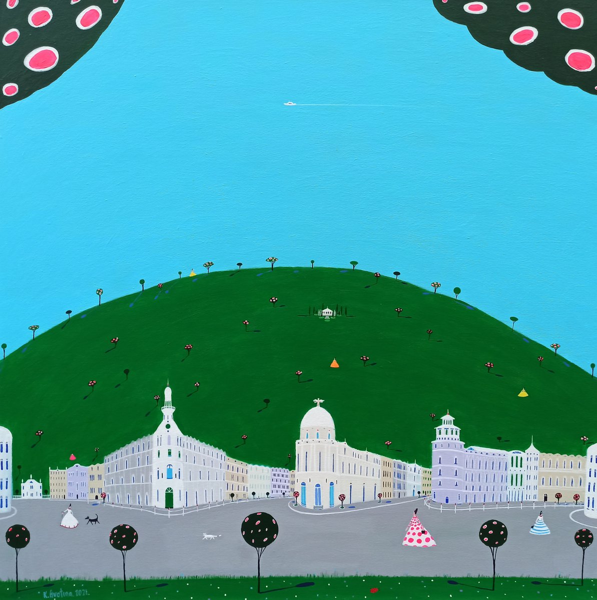 Impressionistic Landscape Acrylic Painting By Katrina Avotina, 35 X 35", Elegancia Y Belleza, Original Artwork