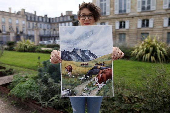 Cows in pasture, Mont Blanc - Original Watercolor Painting