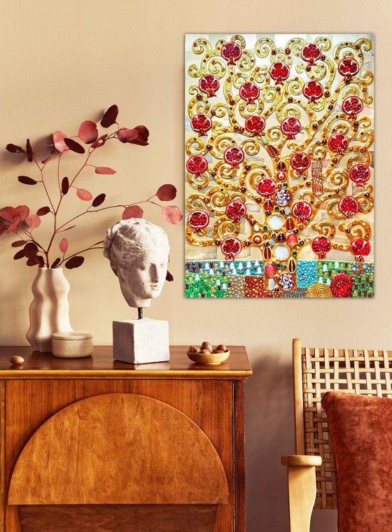 Pomegranate Tree artwork. Golden red art. Decorative wooden relief textured wall hanging sculpture with precious stones and crystal rhinestones. Gift