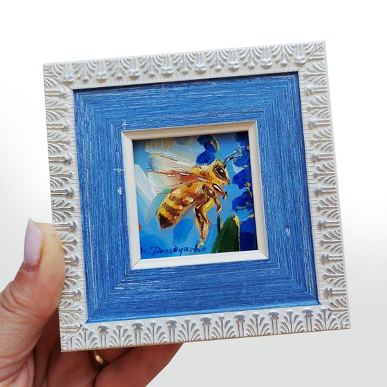 Bee decor artwork painting original 2x2, Bee painting in blue frame, Honey bee wall art tiny