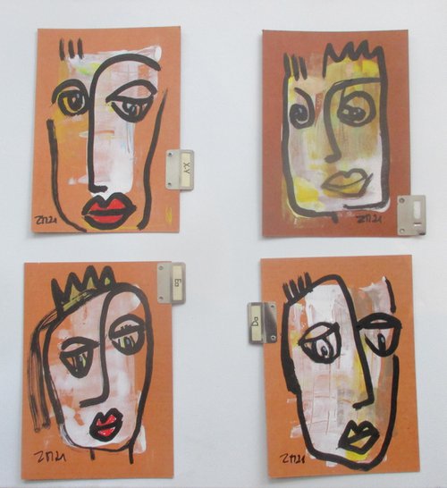 grumpy girls 4x portrait 8,2 x 5,9 inch unique mixedmedia drawing by Sonja Zeltner-Müller