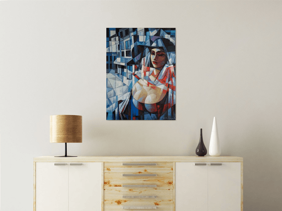 Girl in the hat (60x80cm, cubism, oil painting, ready to hang)