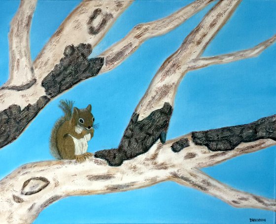 SQUIRREL ON STRIPPED OAK TREE BRANCH