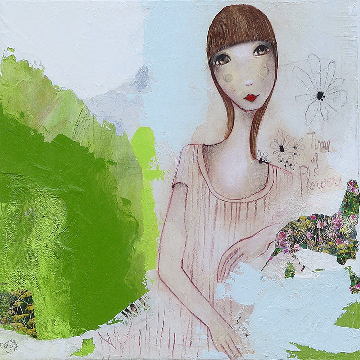 Expressive Portrait Acrylic Painting By Armandine Js, 16 X 16, Time Of Flowers, Original Artwork