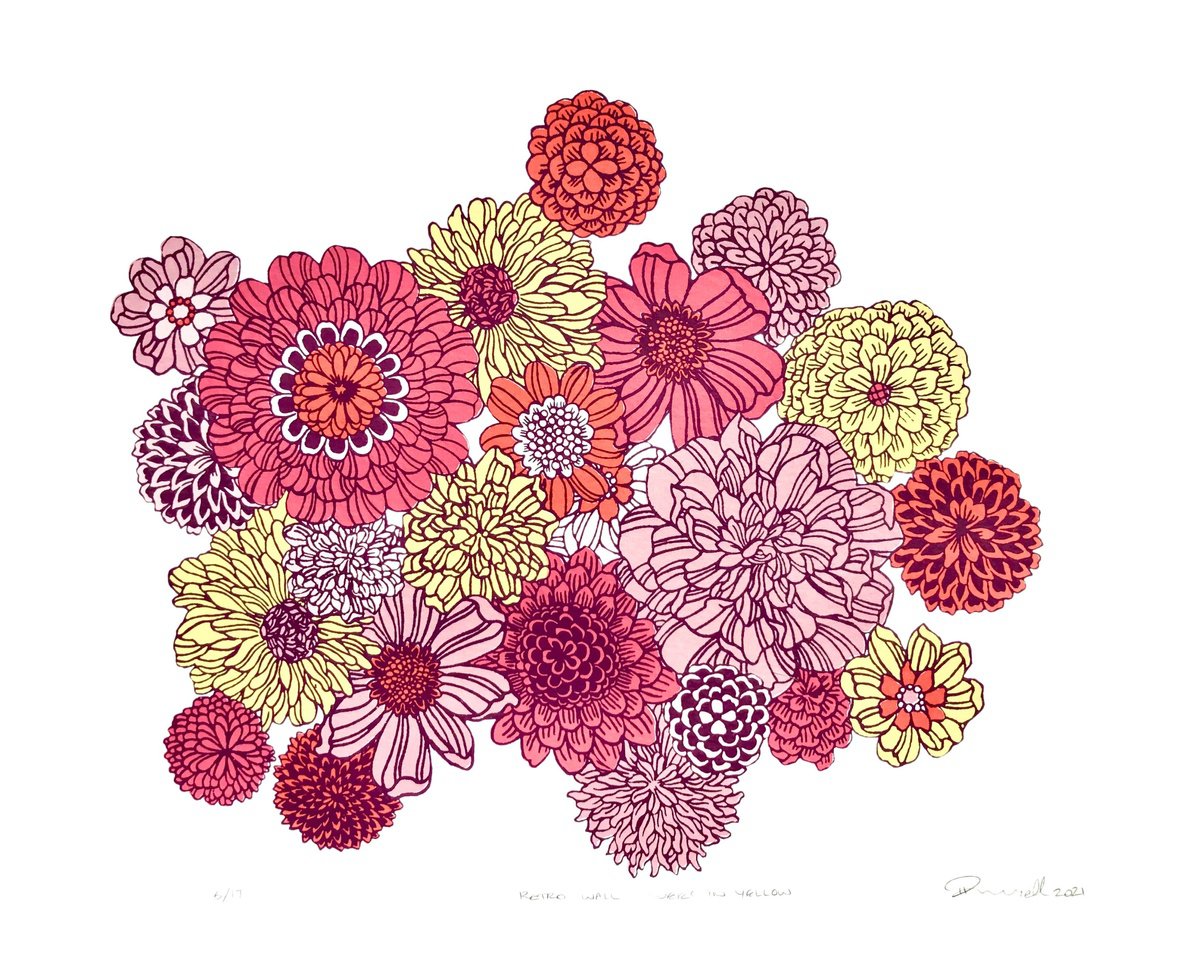 Botanical Screenprint By Talia Russell, 14 X 11", Retro Wall Flowers In Yellow, Original Artwork