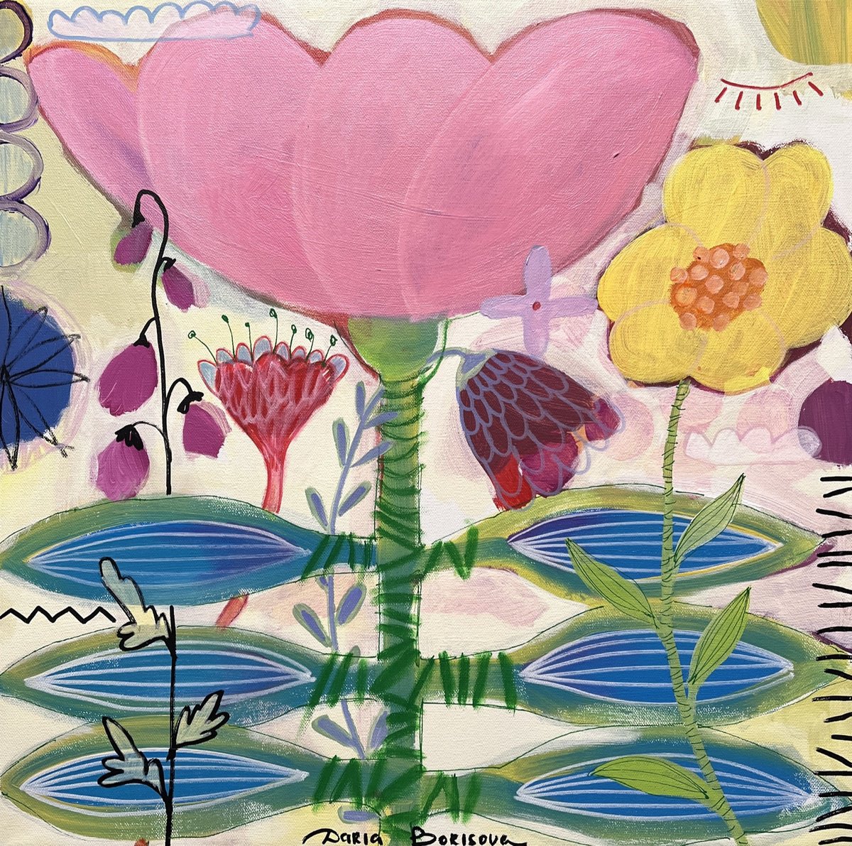 Surrealistic Botanical Acrylic Painting By Daria Borisova, 20 X 20, - Stunning - ?, Original Artwork