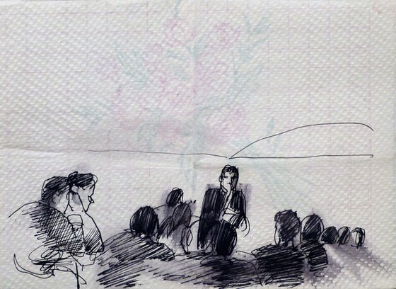 Musical Evening in the Bolognian Osteria, life drawing on paper napkin, 20x15 cm