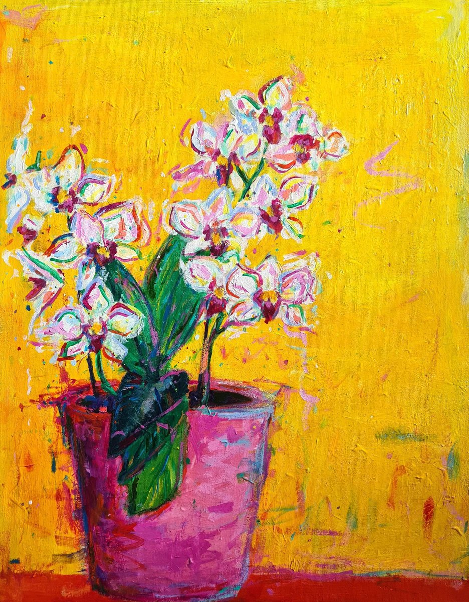 Impressionistic Botanical Acrylic Painting By Dawn Underwood, 16 X 20, Orchids, Original Artwork