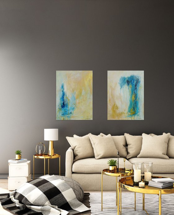 Large Abstract Painting. Modern Blue and Gold Diptych Art. 61 x 91 cm