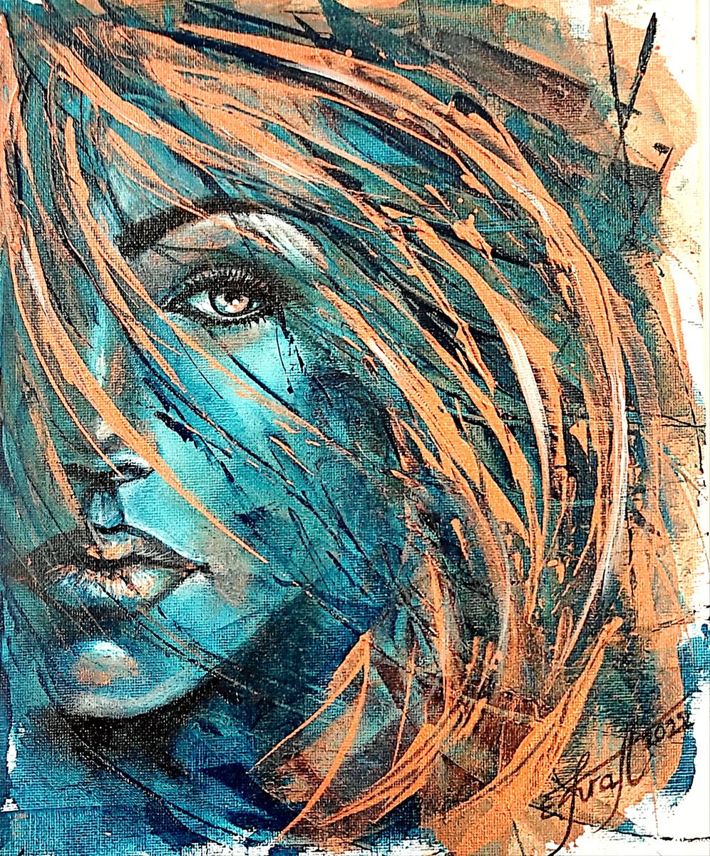 Expressive Portrait Acrylic Painting By Elena Kraft, 9 X 12, Ginger Wind I, Original Artwork