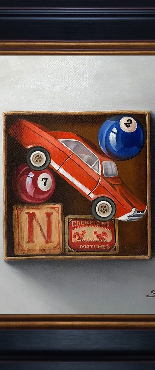 Still life - toys (25x25cm, oil on canvas, 35x35cm, framed) by Gevorg Sinanian