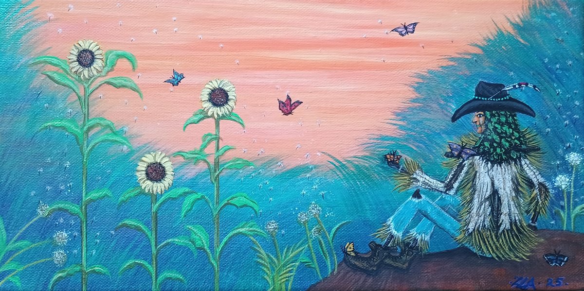 Surrealistic Portrait Acrylic Painting By Zoe Adams, 12 X 6", Sunflower Scarecrow., Original Artwork