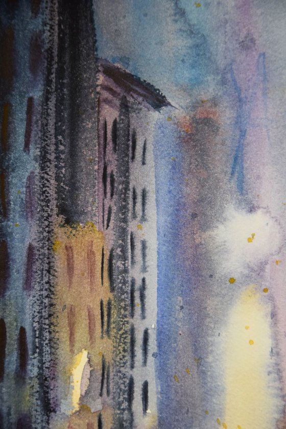 Rainy night New York original watercolor painting, abstract cityscape