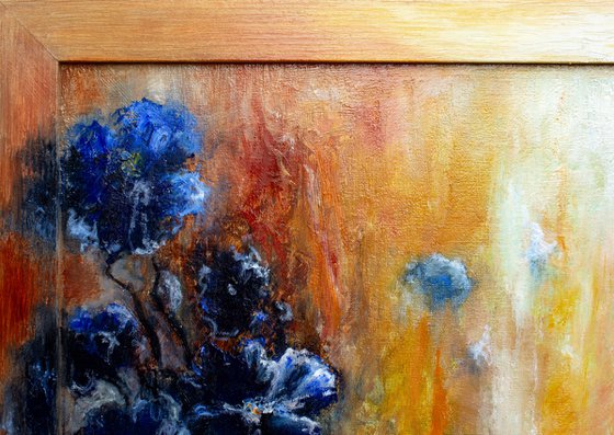 Framed floral impressionistic oil painting BLUE and GINGER